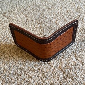 Men's Brown Leather & Ostrich Skin Bifold Wallet Money Clip Contrast Stitching